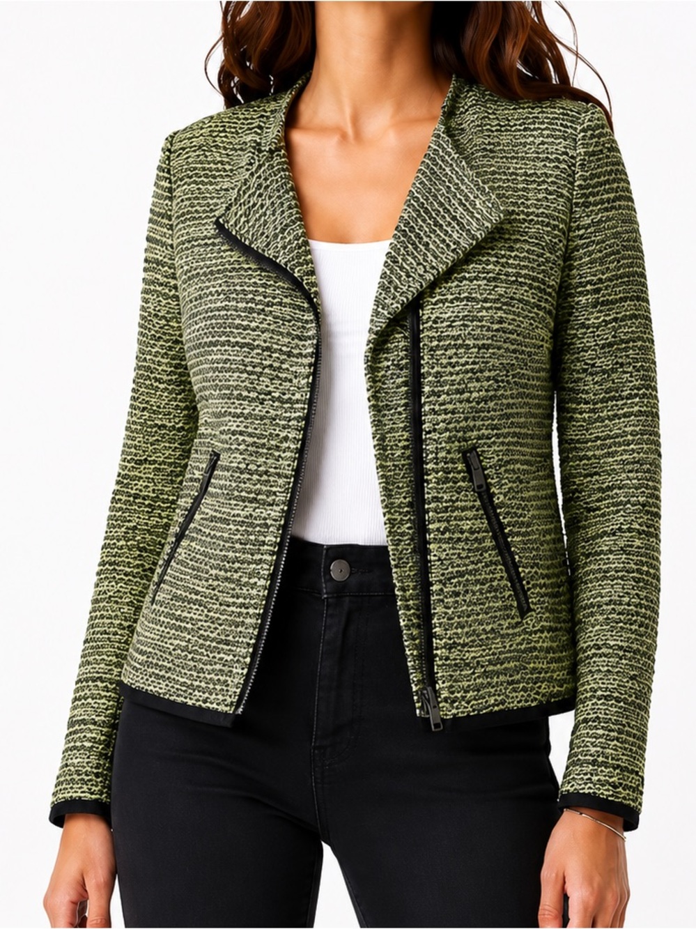 Halogen Asymmetrical Zip Moto Jacket Green Black Tweed Blazer Size Medium